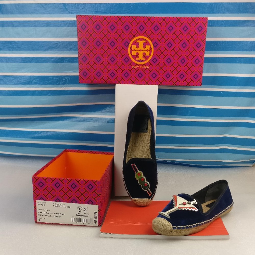 TORY BURCH BLUE NOTTE VELVET MARTINI & OLIVE ESPADRILLE sz6 SMOOTH & SEXY - Picture 1 of 10